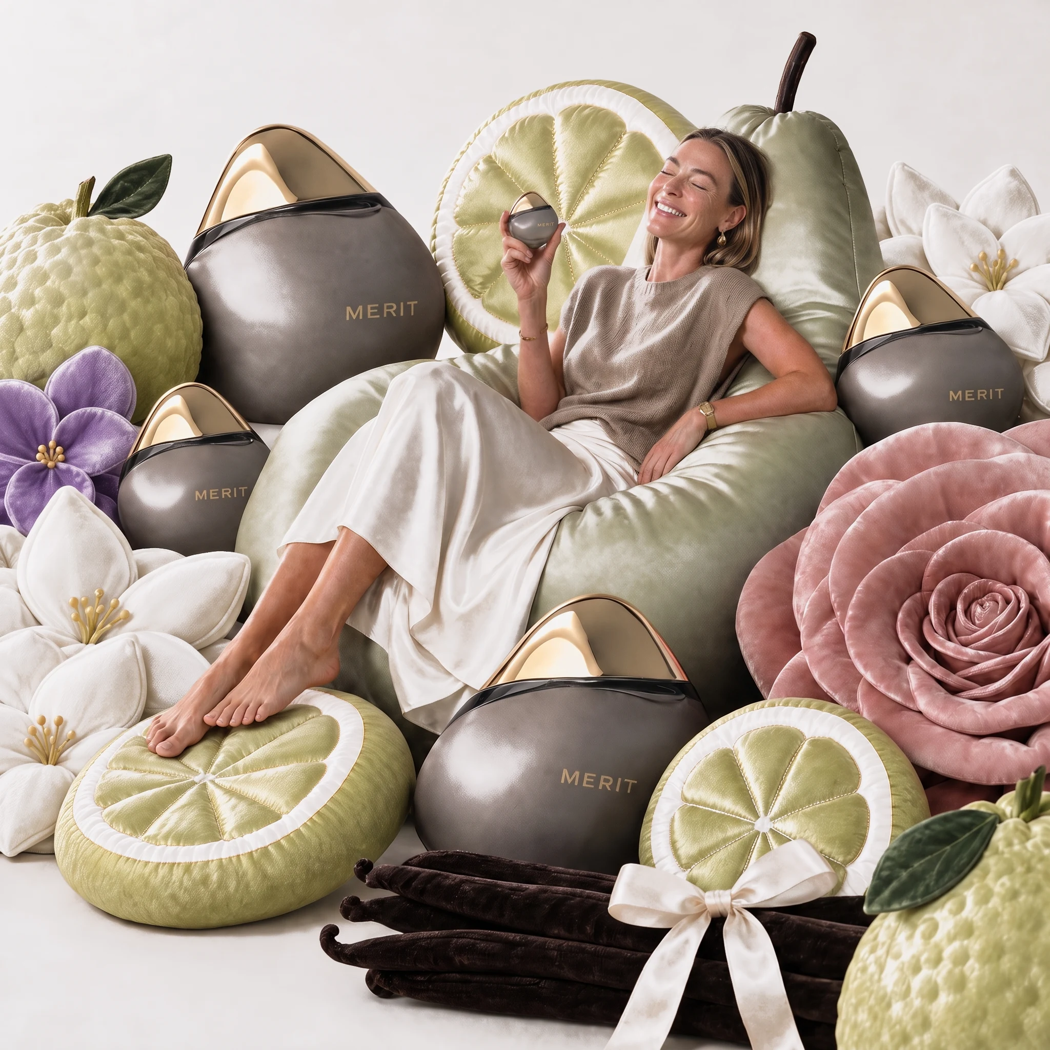 MERIT perfume and a woman reclining among oversized soft fruit and flowers